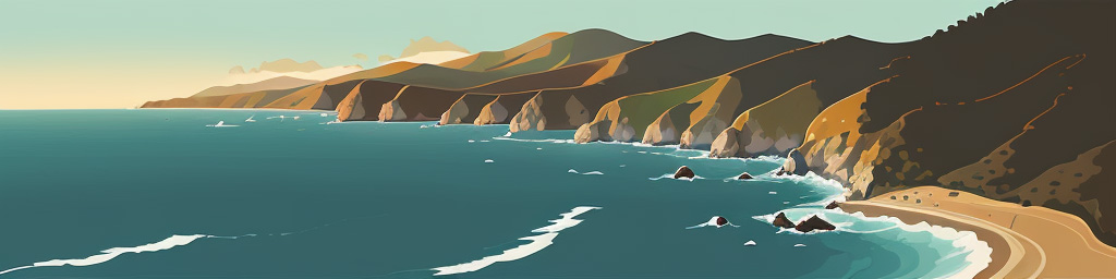 Panorama painting of Big Sur with mountains, seaside cliffs, and ocean waves