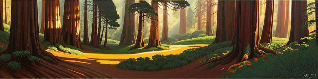 Painting of Muir Woods with large redwood trees and meandering paths