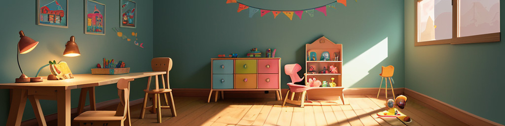 Detailed painting of a small, cozy kids room with warm lighting and toys